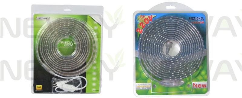 5Meters AC220V High Voltage LED Flexible Strip Kit Pictures  5Meters AC220V High Voltage LED Flexible Strip Kit can use the input voltage AC110V, AC220V-230V. Product packaging with color card blister transparent color put together beautifully packaged style. NEWAYLIGHTING own R & D monochrome 3528, 5050 high Voltage and 5050RGB full color control high Voltage lamps of the series, mold several. Popular selling in Europe and the United States of large supermarkets and shopping malls, divided into : 1M and 5 meters LED high-Voltage self- assembled series of LED Flexible Strip.  