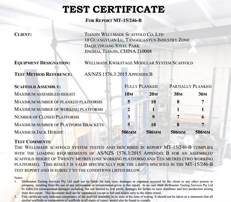 as/nzs1576 standard test report from wellmade scaffold 